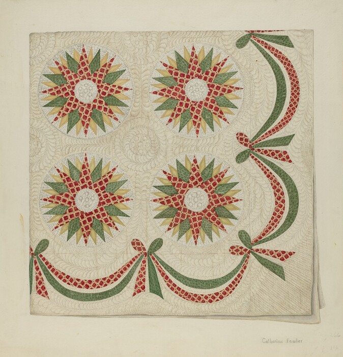 This is a drawing of a quilt design featuring four circular floral patterns and draped ribbon motifs. The quilt pattern consists of four large, floral-like circular motifs arranged in a grid. Each circular motif is composed of alternating red and green pointed shapes with inner red lace-like details forming the petals of the floral design. The background is filled with intricate, swirling quilt-like stitching patterns, providing a textured appearance. Along two edges, there are decorative ribbons that curve gracefully, alternating between red and green, with bow-tie embellishments. The overall design is symmetrical and detailed, showcasing a combination of geometric precision and decorative artistry.