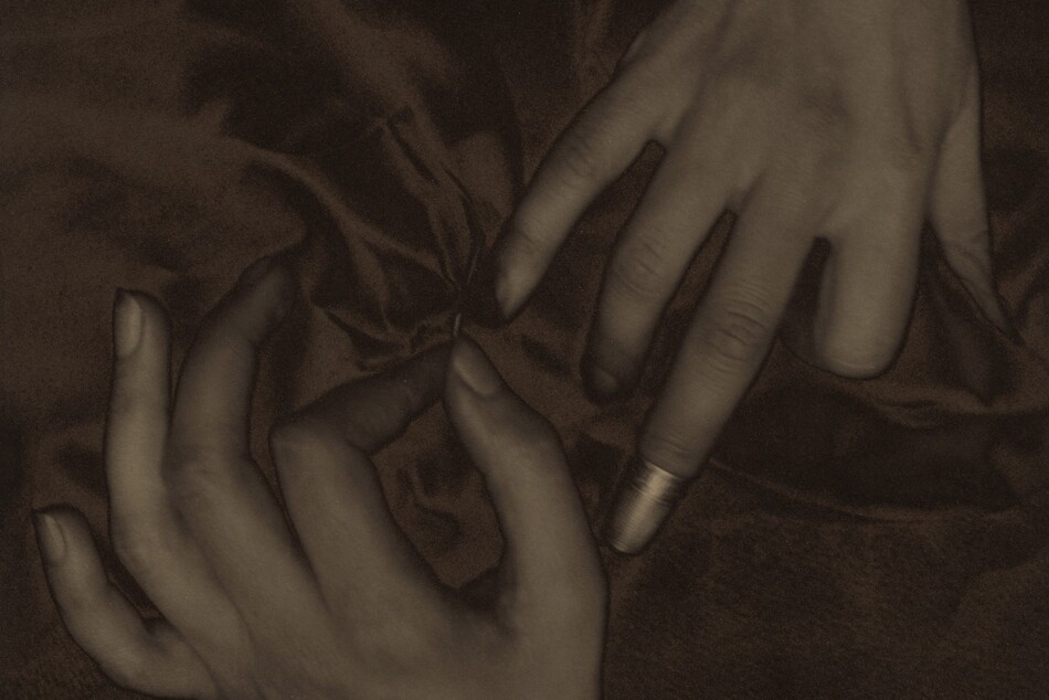 The backs of two splayed hands, palms down with one coming down from the top and one up from the bottom, nearly fill this vertical photograph and are shown lightly entwined in a field of dark fabric. The image is monochromatic like a black and white photograph but is printed in tones of golden and dark brown. The thumb of the left hand, coming up from the bottom, points upward so the fingers splay elegantly to our left. The forefinger and thumb touch to hold a needle stitching the dark fabric. The right hand comes down to our right and almost touches the left hand. The index finger is bent under at the first knuckle, and the ring and pinkie fingers gently curve downward into the fabric. The middle finger extends straight and is capped with a shiny thimble, which nearly touches the thumb of the opposite hand. The skin on the hands and wrists is smooth and the photograph is lightly blurred, creating the impression of a patina. The folds of the gathered fabric create a shadowy pinwheel effect.