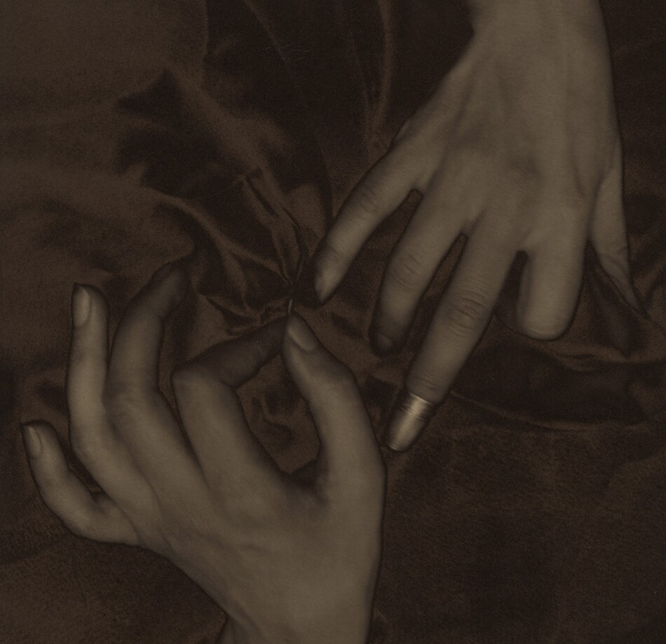 The backs of two splayed hands, palms down with one coming down from the top and one up from the bottom, nearly fill this vertical photograph and are shown lightly entwined in a field of dark fabric. The image is monochromatic like a black and white photograph but is printed in tones of golden and dark brown. The thumb of the left hand, coming up from the bottom, points upward so the fingers splay elegantly to our left. The forefinger and thumb touch to hold a needle stitching the dark fabric. The right hand comes down to our right and almost touches the left hand. The index finger is bent under at the first knuckle, and the ring and pinkie fingers gently curve downward into the fabric. The middle finger extends straight and is capped with a shiny thimble, which nearly touches the thumb of the opposite hand. The skin on the hands and wrists is smooth and the photograph is lightly blurred, creating the impression of a patina. The folds of the gathered fabric create a shadowy pinwheel effect.
