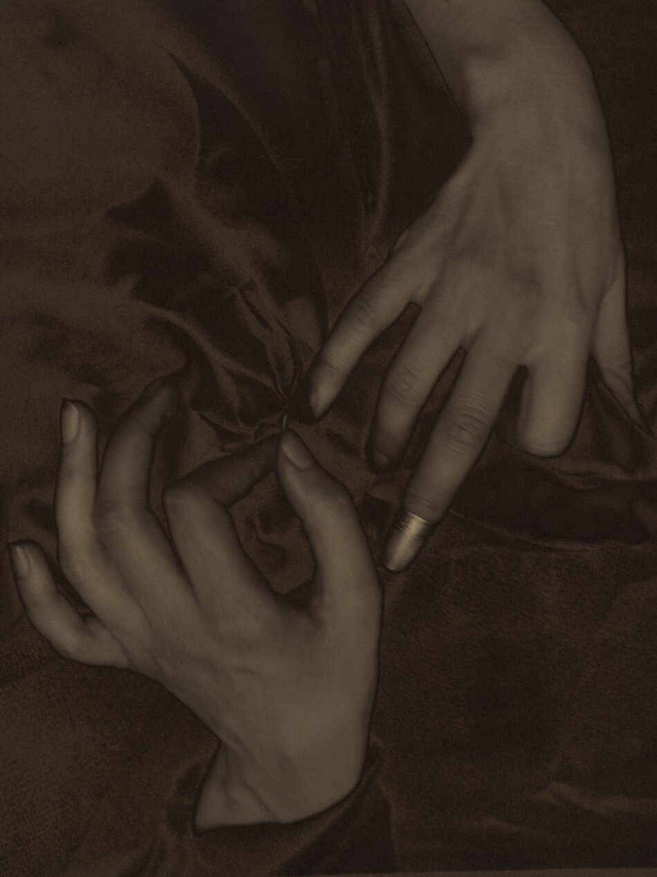 The backs of two splayed hands, palms down with one coming down from the top and one up from the bottom, nearly fill this vertical photograph and are shown lightly entwined in a field of dark fabric. The image is monochromatic like a black and white photograph but is printed in tones of golden and dark brown. The thumb of the left hand, coming up from the bottom, points upward so the fingers splay elegantly to our left. The forefinger and thumb touch to hold a needle stitching the dark fabric. The right hand comes down to our right and almost touches the left hand. The index finger is bent under at the first knuckle, and the ring and pinkie fingers gently curve downward into the fabric. The middle finger extends straight and is capped with a shiny thimble, which nearly touches the thumb of the opposite hand. The skin on the hands and wrists is smooth and the photograph is lightly blurred, creating the impression of a patina. The folds of the gathered fabric create a shadowy pinwheel effect.