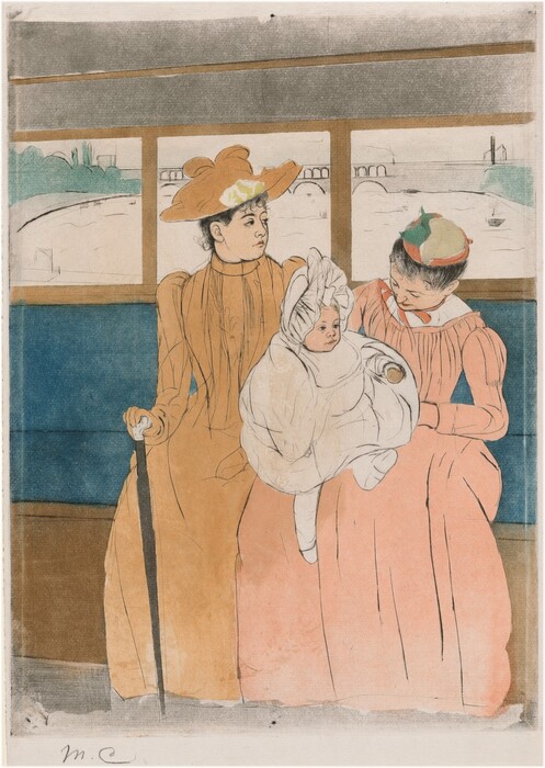 Two women, one holding a baby on her lap, sit on the long bench seat of an omnibus in this vertical, colored print. The women and their full skirts take up almost the width of the composition against the peacock-blue bench, which extends off both sides. The women and baby’s skin are the color of the cream-white paper. The woman to our left wears a tan-colored, high-collared dress, gloves, and hat. She looks off to our right, almost in profile. She has a round face and the hint of a double chin. One gloved hand rests on a cane. The other woman holds the baby and tips her head down toward the child. That second woman wears a tea rose-pink dress and a hat with areas of darker pink, fern green, and straw yellow. Both women’s black hair is pulled up under their hats. The baby’s ruffled white bonnet, blousy garment, stockings, and shoes are also the white of the paper, though the hair is picked out with yellow, the lips with pink, and the ball held in one hand with brown. The structure of the women’s bodices, puffy long sleeves, and long skirts as well as the baby’s clothing are outlined in black. A row of windows behind them, parallel to the top of the bench, open onto an arched bridge spanning a river with boats. To our left, the water’s edge is lined with spruce green trees. Back inside, the panel behind the women’s legs is peanut brown, and the top of the omnibus is muted mauve purple. The artist signed the work with her initials in graphite in the bottom left, “MC.”