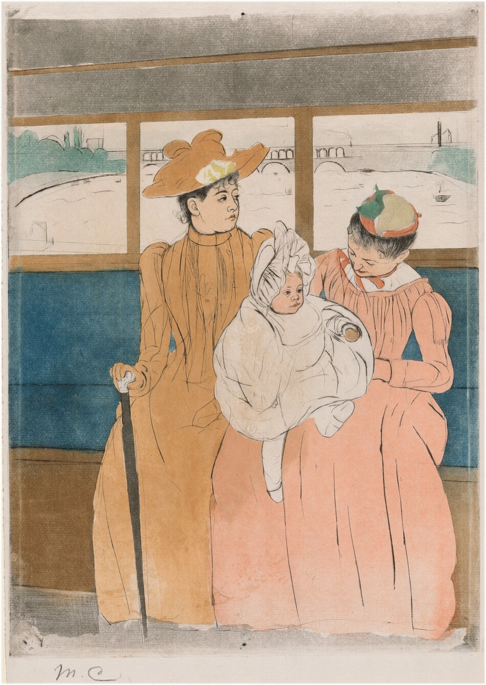 Two women, one holding a baby on her lap, sit on the long bench seat of an omnibus in this vertical, colored print. The women and their full skirts take up almost the width of the composition against the peacock-blue bench, which extends off both sides. The women and baby’s skin are the color of the cream-white paper. The woman to our left wears a tan-colored, high-collared dress, gloves, and hat. She looks off to our right, almost in profile. She has a round face and the hint of a double chin. One gloved hand rests on a cane. The other woman holds the baby and tips her head down toward the child. That second woman wears a tea rose-pink dress and a hat with areas of darker pink, fern green, and straw yellow. Both women’s black hair is pulled up under their hats. The baby’s ruffled white bonnet, blousy garment, stockings, and shoes are also the white of the paper, though the hair is picked out with yellow, the lips with pink, and the ball held in one hand with brown. The structure of the women’s bodices, puffy long sleeves, and long skirts as well as the baby’s clothing are outlined in black. A row of windows behind them, parallel to the top of the bench, open onto an arched bridge spanning a river with boats. To our left, the water’s edge is lined with spruce green trees. Back inside, the panel behind the women’s legs is peanut brown, and the top of the omnibus is muted mauve purple. The artist signed the work with her initials in graphite in the bottom left, “MC.”