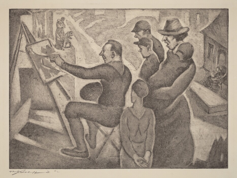 This is a drawing of an artist painting, with a group of figures observing. The central figure is painting a structure on a canvas on an easel. Surrounding the artist are figures watching attentively, each with distinctive postures and expressions. The scene includes elements of architecture and a pathway extending into the background. The drawing is monochromatic, emphasizing textures and shading for depth and form.