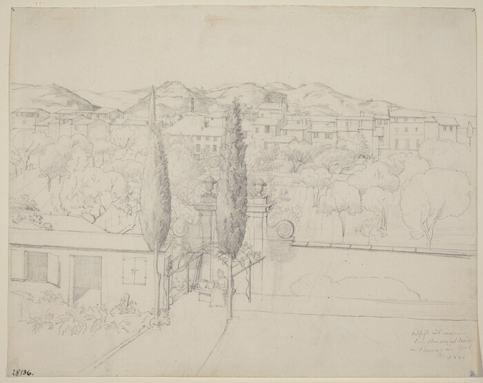 The image is viewed from a slightly elevated perspective, overlooking a garden and a distant landscape. The drawing depicts hills, closely packed buildings, a structure with open arches and a foliage-covered roof, two tall cypress trees, a garden with trees and pathways, and a monochromatic color scheme created using varying shades of grey pencil.
