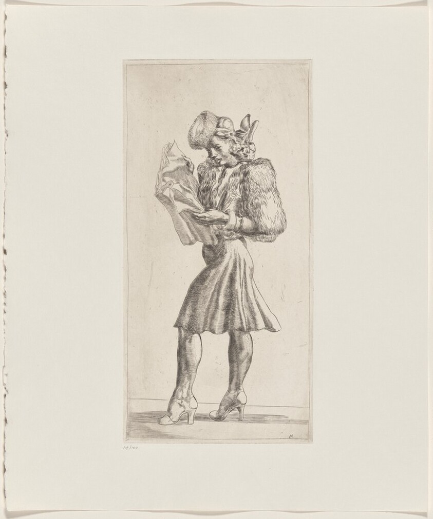 Girl in Fur Jacket Reading Tabloid