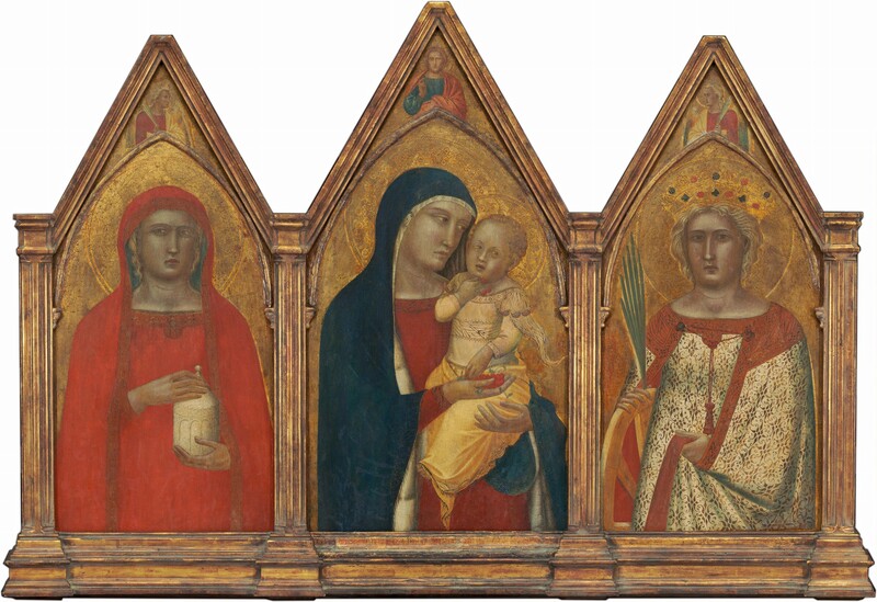 Three panels of an altarpiece are each filled by a woman shown from the hips up against a gold background. The central woman, Mary, also holds a baby. Narrow molding affixed to each panel comes to a rounded but pointed arch set under a sharp point at the top. The people all have pale skin tinged with green or gray, light brown eyes, and their heads are surrounded with disk-like halos. The women also have almond-shaped eyes, long, straight noses, and their bow-shaped lips are closed. In the center, Mary looks at the blond-haired baby she holds. Mary’s head and shoulders are covered by a sapphire-blue mantle over a crimson-red dress. She supports the baby’s bottom with one hand and holds a bunch of red cherries in her other by the child’s hip. The baby’s body is angled toward the woman, and he turns his head back to look over his left shoulder, off to our right. Blond hair curls tightly against his head. Pale pink flushes his cheeks, and his mouth is slightly open. He holds a bunch of three cherries close to his mouth with one hand and reaches toward the fruit the woman holds with the other. He wears a daffodil-yellow garment with a tight bodice, long sleeves, and fabric loosely draped over his legs to show the toes of one bare foot. A swath of fabric flutters from his left shoulder, to our right, like a pennant in a breeze. In the space between the pointed arch and the pointy top of the panel, a man with a honey-brown beard and hair surrounded by a gold halo holds up his right hand with the index and middle fingers raised. Shown from the waist up, he wears an ultramarine-blue tunic with a rose-pink robe, and he looks off to our right. In the panel to our left, the woman holds an ivory-white, cylindrical jar and wears a tomato-red mantle that covers her head and drapes down past her shoulders and over her matching dress. Locks of blond hair show under the mantle on the sides of her face. Bands of geometric designs made with black lines decorate the edges of her mantle and the neckline of her dress. The woman holds her left hand under the jar and her right hand holds onto its peaked lid. In the panel to our right, the woman wears a crown and braces a wooden wheel under one elbow. Her dress and cloak have gold leafy patterns against ivory white, and are edged with brick red. She wraps the cloak around her left elbow, to our right, and grips the fabric in that hand. She holds a palm frond with the hand draped on the wheel. An angel occupies the areas between the rounded arches and pointed tops of both flanking panels. Both angels have yellow wings and blond hair, wear red robes with yellow cloaks, and hold palm fronds. The bodies face us but both look in toward the center so we see the angels almost in profile. The surface of all three panels are cracked and chipped, especially in the gold areas.