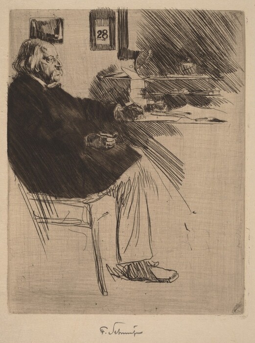 The image shows a man sitting in a chair with his head turned slightly to the left. He has long gray hair, a beard, and a mustache. He is wearing a dark coat and light pants, and is seated at a table with stacks of papers or books. The background includes a decorative element and a calendar displaying "28." The style is monochromatic and sketchy.