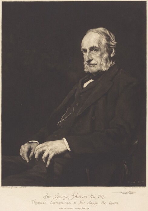 The image shows an older man seated with his body slightly turned to the side, looking forward. He has distinct facial features, with a prominent nose and sideburns, and his hair is combed back. He is wearing a dark suit jacket over a vest and a white shirt, with a chain visible against his vest. His hands are resting on his lap, one on top of the other, with a ring on his hand. The background is plain and dark, drawing attention to the man. There is a signature and text at the bottom identifying the man as Sir George Johnson, with additional details about the artist and engraver.