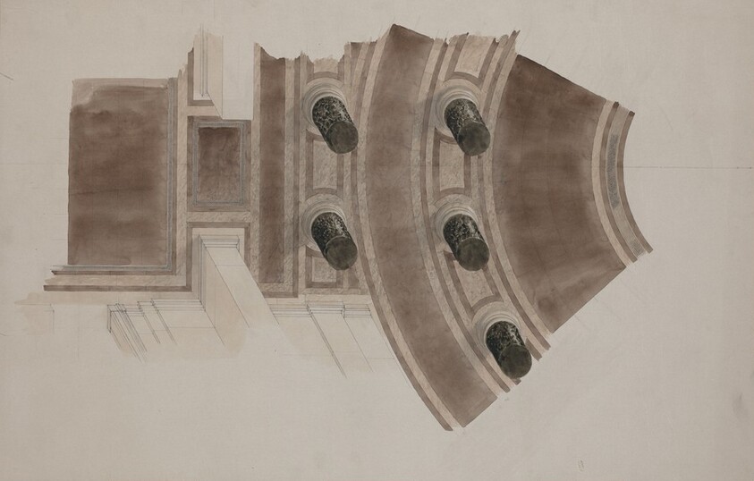 View from Rotunda Ceiling to Floor Below: Five Black Marble Columns Showing