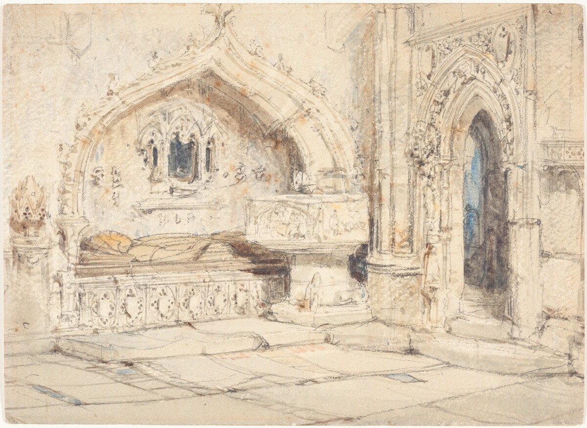 Interior of a Church with a Wall Tomb and Medieval Font