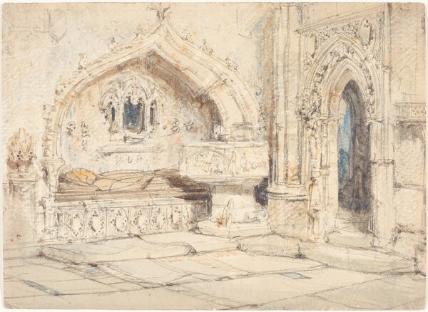 Interior of a Church with a Wall Tomb and Medieval Font