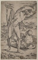 Two Male Nudes Gesturing in a Landscape, Domenico Beccafumi, c. 1537