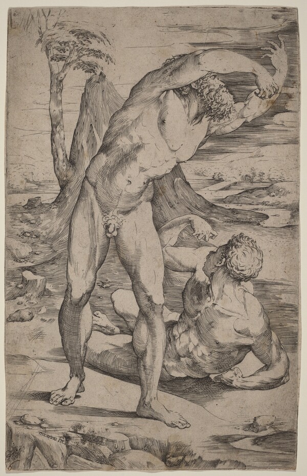 Two Male Nudes Gesturing in a Landscape