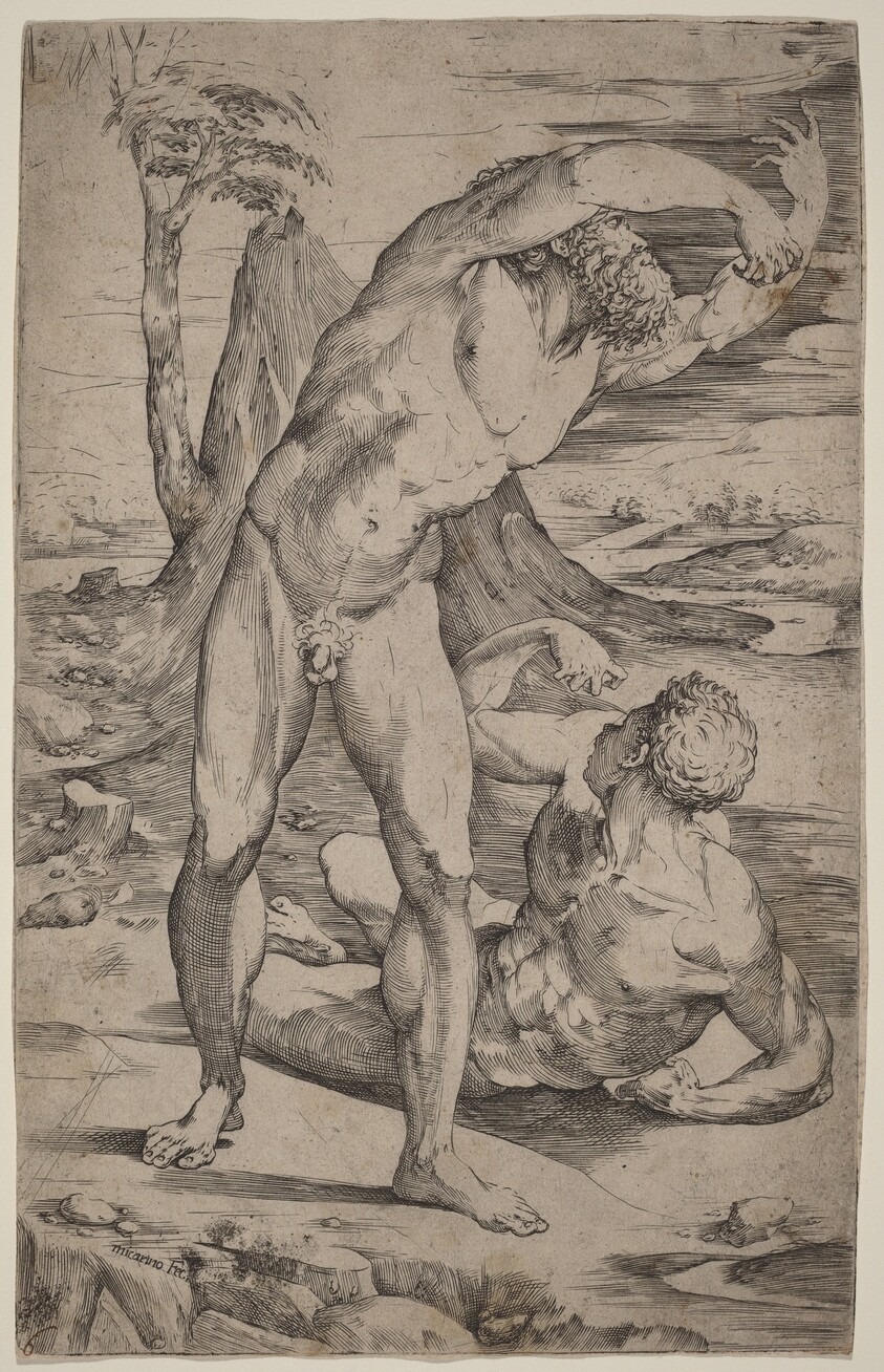 Two Male Nudes Gesturing in a Landscape