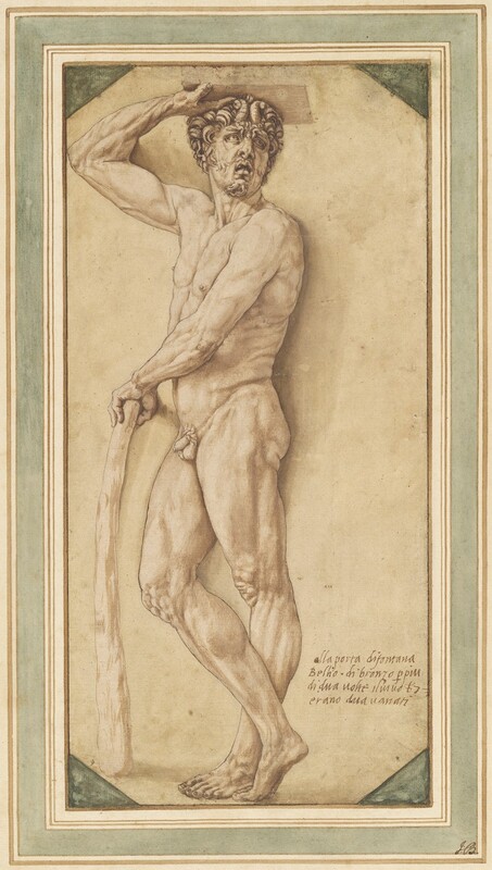 A muscular man stands with one hand on a walking stick and the other braced on the underside of a stone block above his head in this full-length, vertical drawing. The man’s body faces our left in profile, but he turns his face to look up and off to the right. Short, curling horns nestle among his curly hair, and he has a curly goatee. He has a furry brow, like a goat, a flattened nose, and drooping eyes. His lips are parted, and his top eye teeth and bottom middle teeth show. His right hand, to our left, reaches up to the stone overhead. He holds his other arm across his body to brace that hand on a waist-high staff. He stands with his weight on his left foot, closer to us, and his other ankle crosses in front so the balls of that foot rest on the ground. A rectangular frame is drawn with brown ink, and the corners are shaded sage green. More drawn frames suggest stepped molding within a frosty green band. Cursive text in the lower right corner reads, “alla porta di fontana Bellio di bronzo p piu di dua volte il vivo b 7 erano dua variati.”