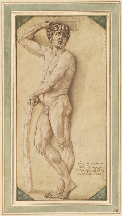 A muscular man stands with one hand on a walking stick and the other braced on the underside of a stone block above his head in this full-length, vertical drawing. The man’s body faces our left in profile, but he turns his face to look up and off to the right. Short, curling horns nestle among his curly hair, and he has a curly goatee. He has a furry brow, like a goat, a flattened nose, and drooping eyes. His lips are parted, and his top eye teeth and bottom middle teeth show. His right hand, to our left, reaches up to the stone overhead. He holds his other arm across his body to brace that hand on a waist-high staff. He stands with his weight on his left foot, closer to us, and his other ankle crosses in front so the balls of that foot rest on the ground. A rectangular frame is drawn with brown ink, and the corners are shaded sage green. More drawn frames suggest stepped molding within a frosty green band. Cursive text in the lower right corner reads, “alla porta di fontana Bellio di bronzo p piu di dua volte il vivo b 7 erano dua variati.”