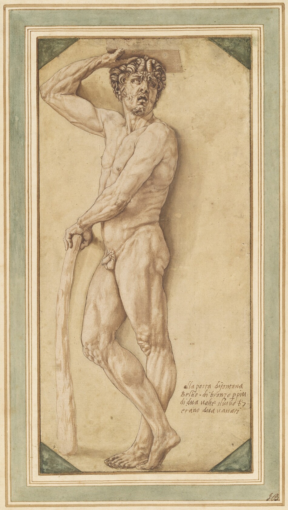 A muscular man stands with one hand on a walking stick and the other braced on the underside of a stone block above his head in this full-length, vertical drawing. The man’s body faces our left in profile, but he turns his face to look up and off to the right. Short, curling horns nestle among his curly hair, and he has a curly goatee. He has a furry brow, like a goat, a flattened nose, and drooping eyes. His lips are parted, and his top eye teeth and bottom middle teeth show. His right hand, to our left, reaches up to the stone overhead. He holds his other arm across his body to brace that hand on a waist-high staff. He stands with his weight on his left foot, closer to us, and his other ankle crosses in front so the balls of that foot rest on the ground. A rectangular frame is drawn with brown ink, and the corners are shaded sage green. More drawn frames suggest stepped molding within a frosty green band. Cursive text in the lower right corner reads, “alla porta di fontana Bellio di bronzo p piu di dua volte il vivo b 7 erano dua variati.”