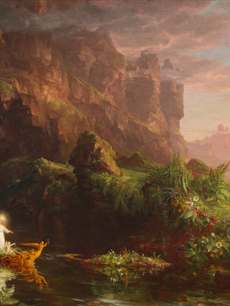 Near a verdant riverbank against soaring, hazy cliffs, a nude, chubby baby sits in a golden boat on a bed of pink and white flowers in this horizontal painting. A winged angel wearing a white robe with a glowing starburst hovering overhead stands behind the child with one hand resting on the tiller of the boat. The angel and child both have pale skin and blond hair. The baby holds up handfuls of flowers and looks forward. The bow of the boat is angled to our right as it glides along the glassy surface of the river. The boat seems to be made of or carved to look like a mass of gold, winged angels clustered to make the vessel. They reach toward a single angel thrust forward from the bow, like a masthead, who holds up an hourglass. The boat has just emerged from a dark cave at the base of rocky, rose-pink cliffs that reach off the top left edge of the canvas. The jagged peaks become pale pink as they march into the distance. A spit of the lush riverbank fills the lower left corner of the composition; it and the far bank are dotted with white waterlilies and a profusion of yellow, blue, pink, purple, and red flowers. Celery and moss-green growth carpets the boulders on either side the cave mouth and the ground stretching beyond the riverbank. The growth becomes mauve-purple as it recedes to the horizon, which comes a third of the way up the composition and is lit by a golden glow. Petal-pink and gray clouds float among the cliff-tops against an otherwise pale blue sky. The artist dated and signed the lower left, “1842 T. Cole Rome.”