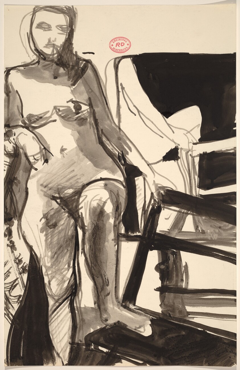 Untitled [standing female nude with left foot on chair seat]