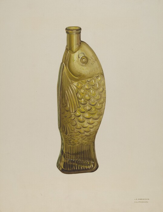 The image displays an amber-colored glass bottle shaped like a fish, standing upright with the bottle neck as the fish's mouth. The color palette is warm with shades of yellow and brown. The fish bottle is centered on a plain, off-white background, highlighting its intricate details such as the scales and fins.