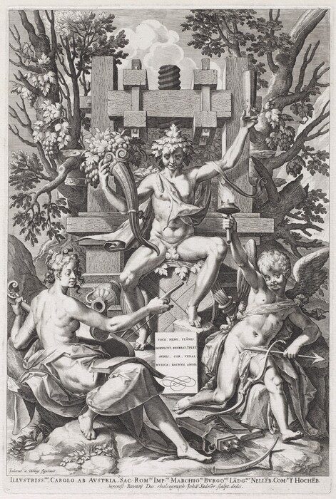 The image presents three figures in the foreground, each depicted from head to toe. The central figure is seated with legs apart on a wooden structure. They have distinct facial features, a confident expression, and wear leaves in their hair. The central figure's clothing is minimal, with fabric draped over one shoulder, while holding a drinking vessel. To the left, another figure is seated, leaning on the structure with one leg bent. This figure has elaborate hair adorned with leaves and flowers, and wears a loosely draped garment while holding an object resembling a horn. To the right, a cherubic figure, with wings, sits partially reclining, holding a torch in one hand and an arrow in the other, draped in a flowing garment. The background features lush trees, grapevines, and swirling clouds in the sky. The scene is framed by intricate detailing.
