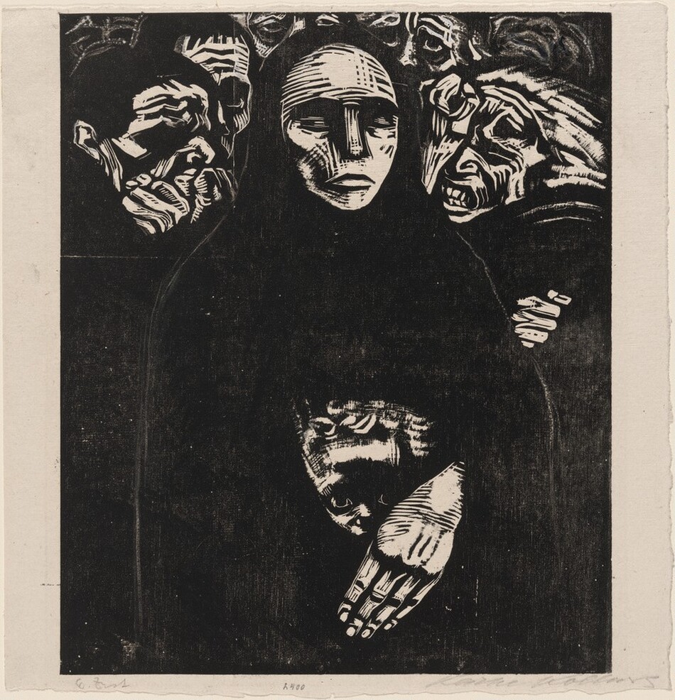 This painting features a cloaked figure surrounded by abstract, expressive faces. The central figure is in dark attire with a shaded face, while multiple distorted faces surround it, each uniquely designed with dramatic lines and exaggerated features. The overall tone is dark and moody, with high contrast of light and shadow. This artwork is reminiscent of the style of Käthe Kollwitz, known for her emotive works in black and white exploring themes of grief and suffering.