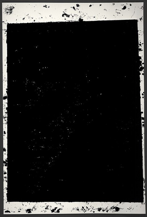 The image features a large black rectangle at the center, bordered by a thin white frame with irregular black spots and splatters.