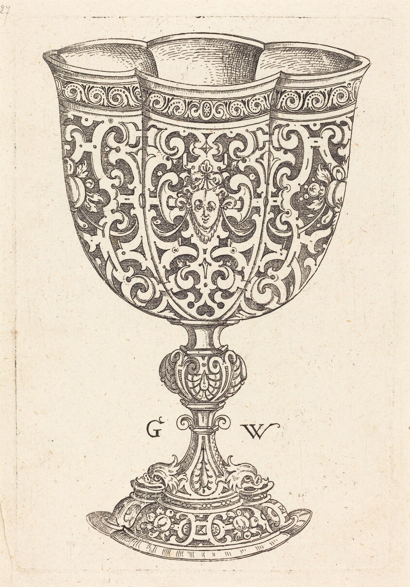 Chalice with six embossings, base decorated with two dolphins
