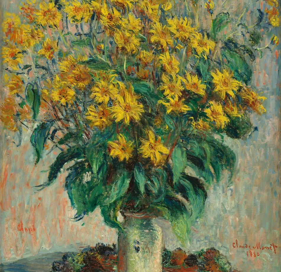 A cloud of canary-yellow flowers with pumpkin-orange centers on tall stems with emerald and pine-green leaves fills the top half of this vertical still life painting. The flowers, vase, the round tabletop on which they sit, and the background are loosely painted with visible brushstrokes of vibrant color. The flowers have long, pointed petals like daisies. The bouquet is rimmed with a ring of verdant leaves near where the stems gather in the narrow neck of the cylindrical, ivory-white vase. The vase might sit on a circular cloth edged with alternating sage-green and plum-purple forms like pompoms, but the loose painting style makes these details difficult to make out. The round tabletop is cropped by left and bottom edges of the canvas. The background behind the bouquet and table is painted with long, vertical brushstrokes in salmon pink, pale turquoise, denim blue, and creamy white. The artist signed and dated the painting in red in the lower right corner: “Claude Monet 1880.”