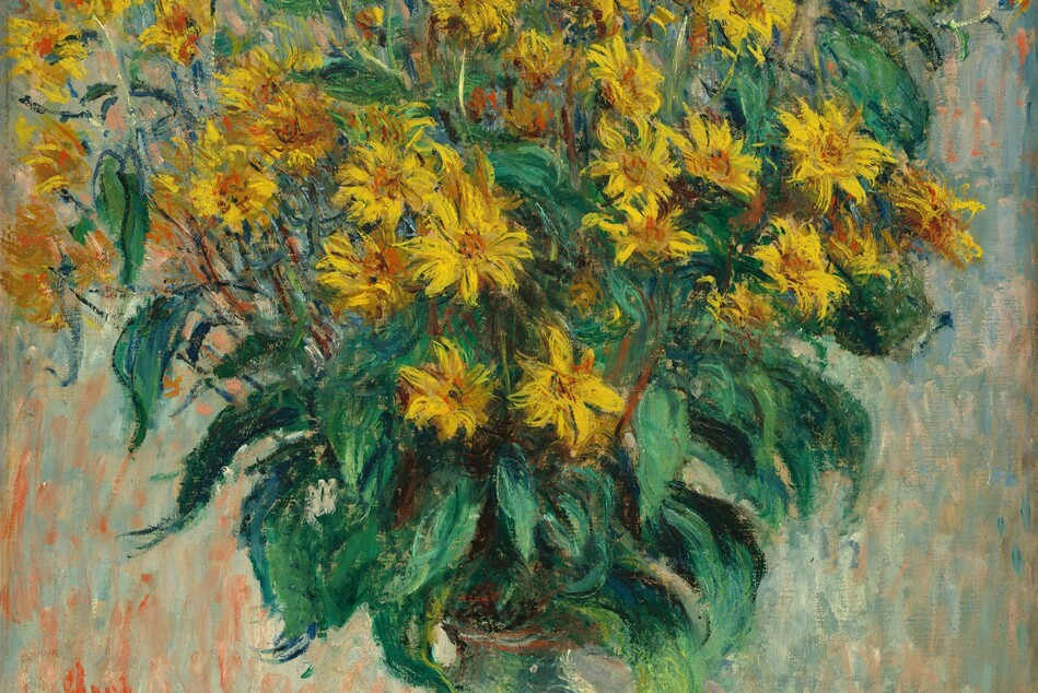 A cloud of canary-yellow flowers with pumpkin-orange centers on tall stems with emerald and pine-green leaves fills the top half of this vertical still life painting. The flowers, vase, the round tabletop on which they sit, and the background are loosely painted with visible brushstrokes of vibrant color. The flowers have long, pointed petals like daisies. The bouquet is rimmed with a ring of verdant leaves near where the stems gather in the narrow neck of the cylindrical, ivory-white vase. The vase might sit on a circular cloth edged with alternating sage-green and plum-purple forms like pompoms, but the loose painting style makes these details difficult to make out. The round tabletop is cropped by left and bottom edges of the canvas. The background behind the bouquet and table is painted with long, vertical brushstrokes in salmon pink, pale turquoise, denim blue, and creamy white. The artist signed and dated the painting in red in the lower right corner: “Claude Monet 1880.”