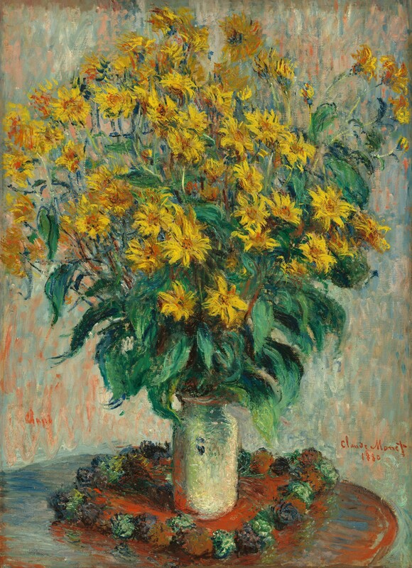 A cloud of canary-yellow flowers with pumpkin-orange centers on tall stems with emerald and pine-green leaves fills the top half of this vertical still life painting. The flowers, vase, the round tabletop on which they sit, and the background are loosely painted with visible brushstrokes of vibrant color. The flowers have long, pointed petals like daisies. The bouquet is rimmed with a ring of verdant leaves near where the stems gather in the narrow neck of the cylindrical, ivory-white vase. The vase might sit on a circular cloth edged with alternating sage-green and plum-purple forms like pompoms, but the loose painting style makes these details difficult to make out. The round tabletop is cropped by left and bottom edges of the canvas. The background behind the bouquet and table is painted with long, vertical brushstrokes in salmon pink, pale turquoise, denim blue, and creamy white. The artist signed and dated the painting in red in the lower right corner: “Claude Monet 1880.”