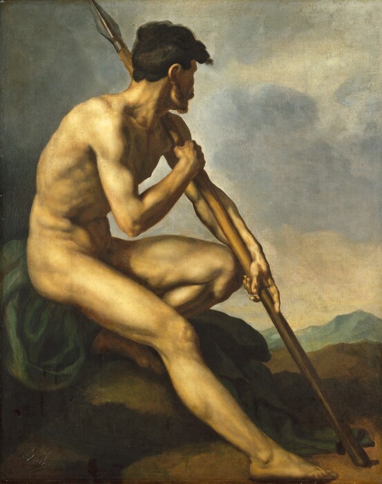 A nude, muscular, pale-skinned man sits on a rock in front of a deep, shadowy landscape in this vertical painting. Most of the man’s body is silhouetted against the sky, and he nearly fills the picture. His body faces our right almost in profile, and he turns his head to look away. He has short black hair and a moustache and beard. The rest of his face is in shadow. He rests his left arm, farther from us, along a spear that spans the composition from the lower right corner to the upper left. He grips the spear with the other hand. One knee is bent so his foot is propped on the stone just below his seat. The other leg, closer to us, stretches long. He sits on a pine-green cloth draped over the rock. Bands of brown and then blue rocky hills line the horizon, which comes a quarter of the way up this composition. Steel-gray and white clouds fill the sky above.