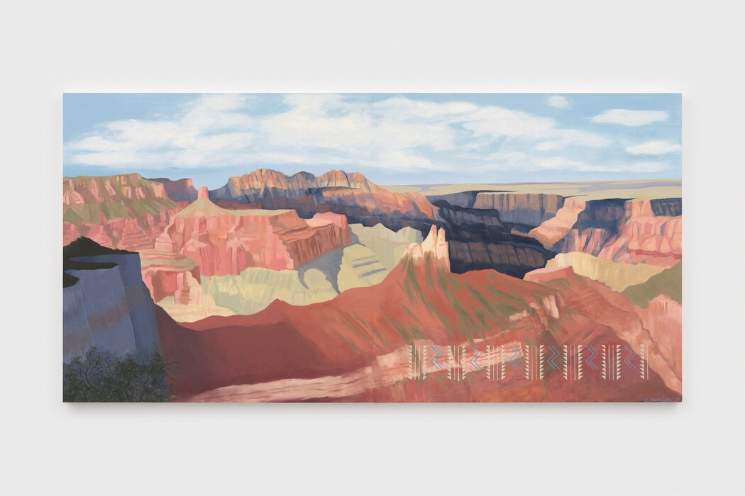 This painting shows a canyon landscape viewed from a high vantage point, with ridges and formations extending into the distance. The horizon is positioned high in the painting, with the light-blue sky featuring soft white clouds. The canyon displays vibrant shades of red, pink, and green, contrasting with shadowed areas in darker shades of blue and gray. In the bottom right corner of the painting, there are some geometric white and blue patterns overlayed on top of the canyon.