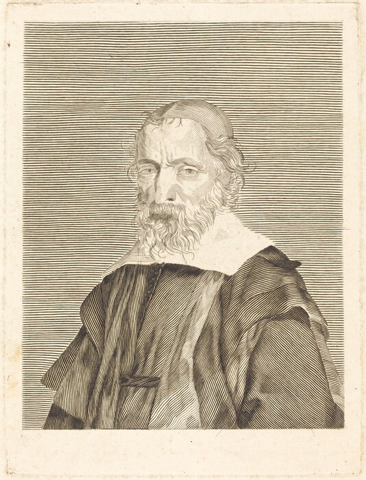 This image is a portrait depicting a man's upper body, including his head and shoulders. The man is facing forward with a slight turn to the side, showing his face, long beard, and curly hair. He appears to be wearing a cap. The man has a composed expression and sharp features. He is dressed in a dark robe with a white collar, and the robe has detailed folds. The background features evenly spaced horizontal lines, creating a textured effect.