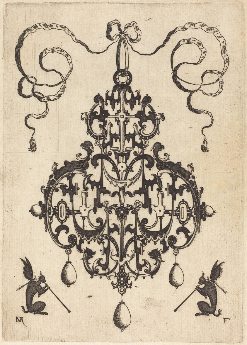 Large Pendant, Two Winged Fantasy Creatures with Trumpets at Bottom