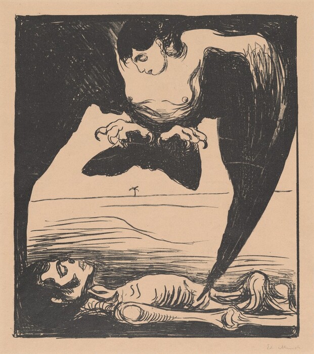The image depicts bold, sweeping lines and shapes that form an abstract figure hovering over a reclining skeletal figure. The dark, wing-like shapes convey an abstract sense of motion or flight. The hovering figure appears expansive and curved, resembling wings, while the skeletal figure lies on the ground. The simple linear background gives an impression of a flat landscape with a single structure or tree-like shape in the distance.