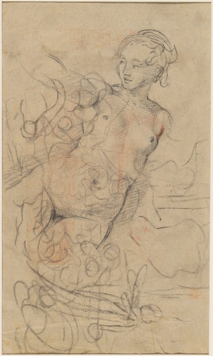 The image shows a human figure, focusing on the upper body, head, and torso. The person is posed in a relaxed manner, facing the right side of the image with one arm slightly raised. The face has calm features, with a short swept-back hairstyle and loose curls framing the face. The figure is unclothed, and the background consists of abstract lines implying movement. There is no jewelry visible, and the drawing is done with various shades of pencil or charcoal to define the figure's outlines. The background is plain, with faint lines, emphasizing the figure's silhouette.