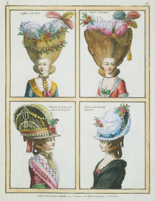 Four illustrations, stacked two by two, show women’s heads, shoulders, and towering, elaborate hairdos in these colored prints. The pale-skinned women all have large eyes under penciled brows, flushed cheeks, delicate chins, and their bow-shaped lips are painted dark pink. The top left picture is titled “Coeffure à la Flore,” and it shows a woman whose blond hair has been teased into a soaring, flaring V shape. Garlands of flowers span the coiffure across the middle and top, which is filled with crinkled white fabric and festooned with three pink and yellow feathers. Thick curls come around the sides of the woman’s neck. Her low-cut bodice is azure blue lined with marigold yellow around the neckline. In the top right, “Pouf à l’Asiatique” shows a woman with similarly tall hair flaring into an improbable V. A gold chain and pendant hangs across the top and down one side. The white fabric here is striped with pale pink and lined with darker magenta. Flowers and feathers are at the upper corners. Thick curls also hug her neck, and the woman’s red dress is lined with a white ruffle and green bow at the deep cleavage. The bottom two women wear tall hats, presumably over similarly teased hair. They face inward toward each other, so we see them mostly in profile. The hat on the woman to our left, titled “Chapeau ou Casque Anglais orné de perles," curves up and away from the woman’s forehead like a dark gray nautilus shell over copper-colored hair. Pearls drape from the white ruffles along the tops and ridges along the side we see. A pink bow holds a yellow ruffle in place just over the short brim, and another pink ribbon hangs down the back of the hat. The woman wears a pink and white dress lined with yet more ruffles, and a yellow and white scarf is tied in a bow around her neck. Finally, “Chapeau à Nouvelle Angleterre” is a white confection also draped with pearls and set with pink and yellow flowers. A topaz-blue ribbon cinches the hat over the ruffled brim. The woman wears black but keeps the ruffled neckline. Each woman is shown against a white background, and the black-outlined frames are separated with bands of dark cream white. An inscription under the bottom pair of portraits reads, “A Paris Esnauts et Rapilly rue St. Jacques à la ville de Coutances. A.P.D.R.”