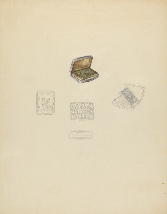 The image shows a collection of ornate boxes, with two open at the top displaying their intricate interiors. The color palette includes muted browns, greys, and metallic shades. The largest open box is in the center, angled slightly to the left, with another open box to the right. Below these are three closed boxes in faded outlines, arranged in a row across the lower half of the image against a light beige background.