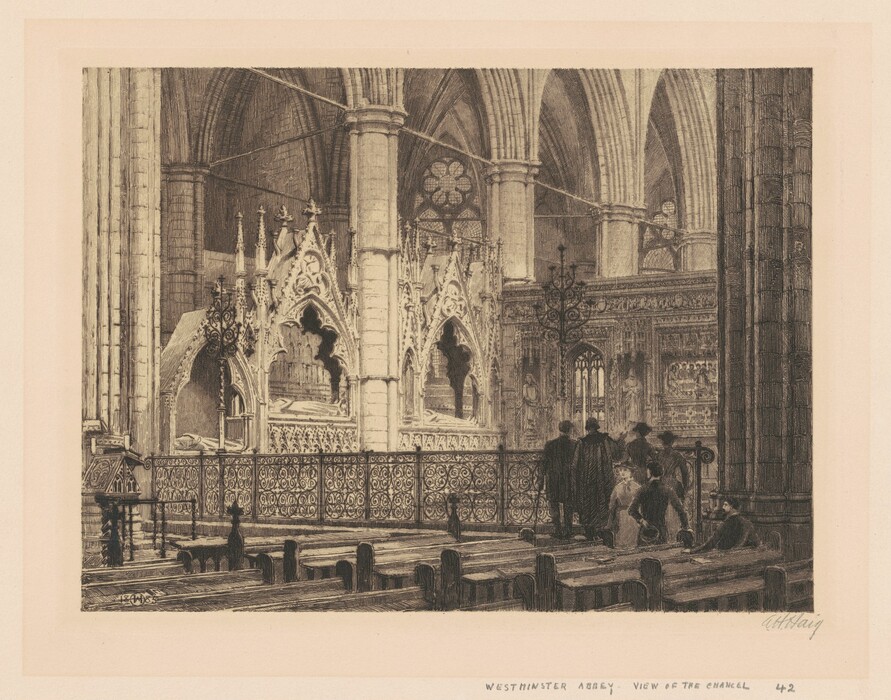 This is a drawing of an interior of a historical building. It depicts a chancel with intricate details of arched structures and patterns on stonework, showcasing a Gothic architectural style with pointed arches and elaborate detailing. The drawing captures the textures and solemn atmosphere within the space, reflecting its historical and artistic significance.