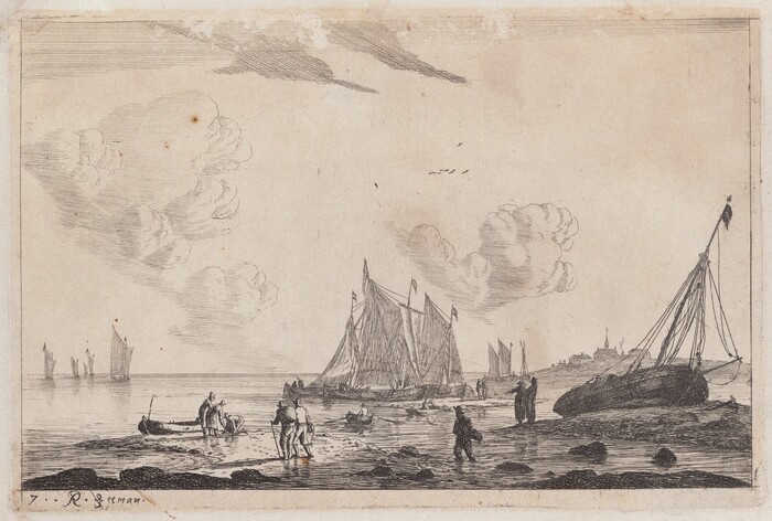 The image shows a coastal landscape with boats and fishing activities. The horizon is at a low point in the composition, with sailing vessels and figures engaging in various tasks on the shore and in the sea. A large ship is on the sand nearby, and another ship is sailing close by. Smaller boats are scattered in the shallows, with figures working or interacting. In the distance, smaller vessels can be seen on the calm sea. The sky has scattered clouds, and the illustration features fine etching techniques with precise linear strokes. The color palette is predominantly monochrome, providing a classic and historical impression.