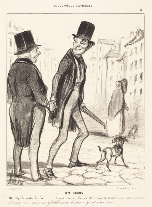 The image shows two men walking hand in hand on a cobblestone street. Both men wear long coats, trousers, and top hats. The man on the right has a lanky build, prominent cheekbones, and a sharp chin. He holds a cane. The man on the left is slightly plumper with a rounded face. A small dog walks beside them. In the background are sketched buildings and a woman in a bonnet and long gown walking away, with another dog in the distance.