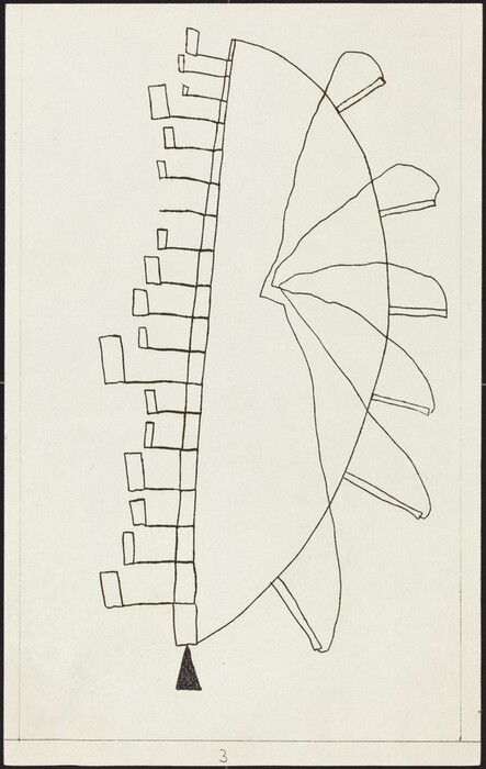 The image features a curved line arcing across the right side, bisected by a straight vertical line. On the left side of the vertical line, there are small rectangular shapes. The right side of the arc has elongated petal-like shapes. Near the bottom, a small triangle is present.
