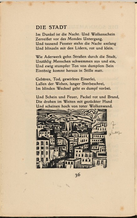 The image shows a page from a book titled "DIE STADT" with German text about night and the city. There is a black-and-white illustration below the text depicting a densely packed urban landscape. The buildings are stacked closely together with small windows, creating a crowded feeling. The cityscape is drawn in a woodcut style with bold, short strokes giving a dramatic contrast. The buildings in the foreground are bold and detailed, while those in the distance are less defined, creating a zigzagged horizon line indicating an elevated viewpoint. The image is mostly black and white, emphasizing the intensity of the scene. It is labeled "36" at the bottom.