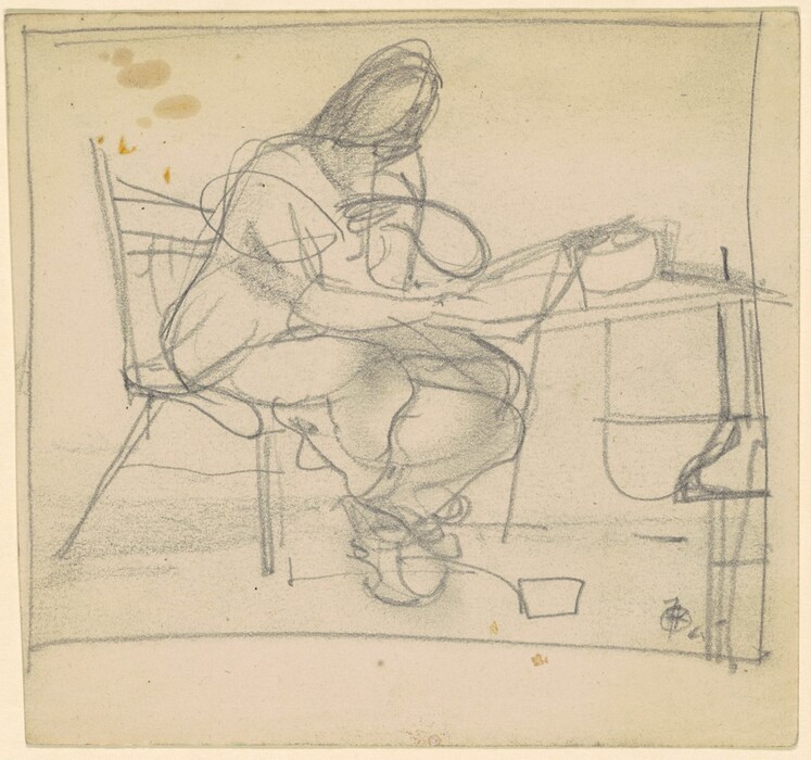 The sketch depicts a person sitting on a chair leaning towards a table on their right side, legs crossed. The drawing suggests facial features and shoulder-length hair. The person wears a simple outfit and there is a hat on the table in front of them. The background shows minimal detail, with sketch lines indicating a floor and possibly a wall.