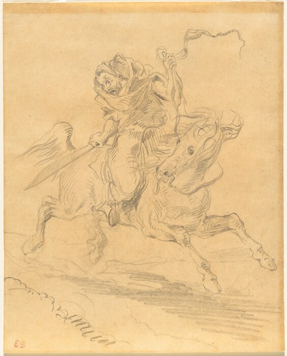 This is a drawing of a figure riding a horse. The drawing is a sketch done in pencil on paper. The central focus is on a figure on a rearing horse. The figure is gripping a banner in one hand and wielding an object in the other. The horse is captured mid-stride, with detailed anatomy and a defined expression. The background is subtly hinted at with light pencil strokes.