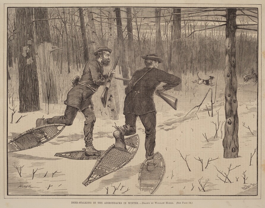 The image shows two men in winter attire trekking with snowshoes through a snow-covered forest. The viewpoint is elevated, offering a perspective of the men and the surroundings. The forest, with trees and branches, frames the scene with a dense background. The artwork features detailed textures like tree bark and fabric of clothing. The color scheme is monochromatic, primarily using browns and beige. In the distance, a deer is running, adding movement to the scene.
