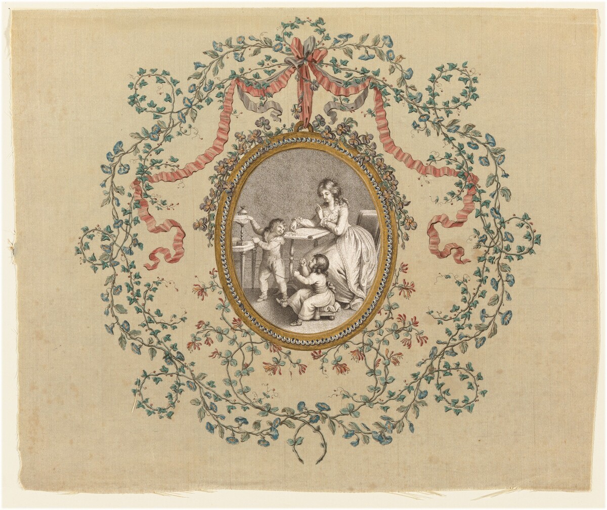 Seated Woman Sketching a Design for Embroidery and Children Winding Yarn