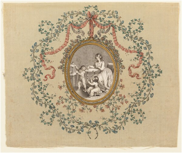Seated Woman Sketching a Design for Embroidery and Children Winding Yarn