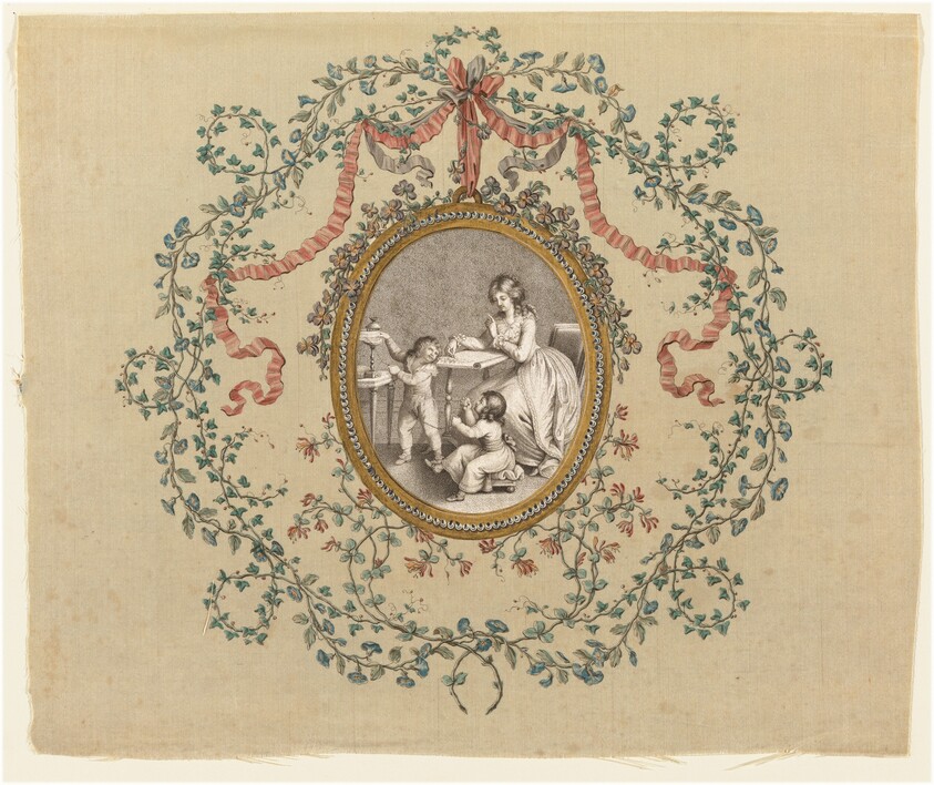 Seated Woman Sketching a Design for Embroidery and Children Winding Yarn